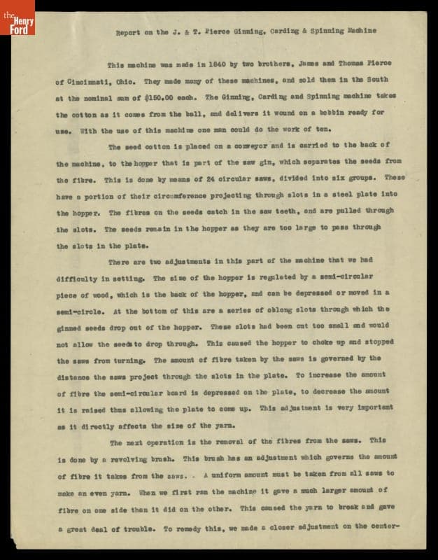 "Report on the J. & T. Pierce Ginning, Carding & Spinning Machine," 1931