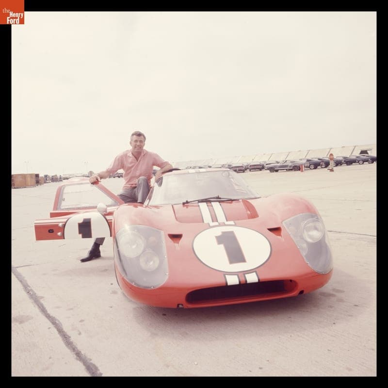 Carroll Shelby with Ford Mark IV Race Car at Shelby-American Production Facility, Los Angeles, California, June 1967