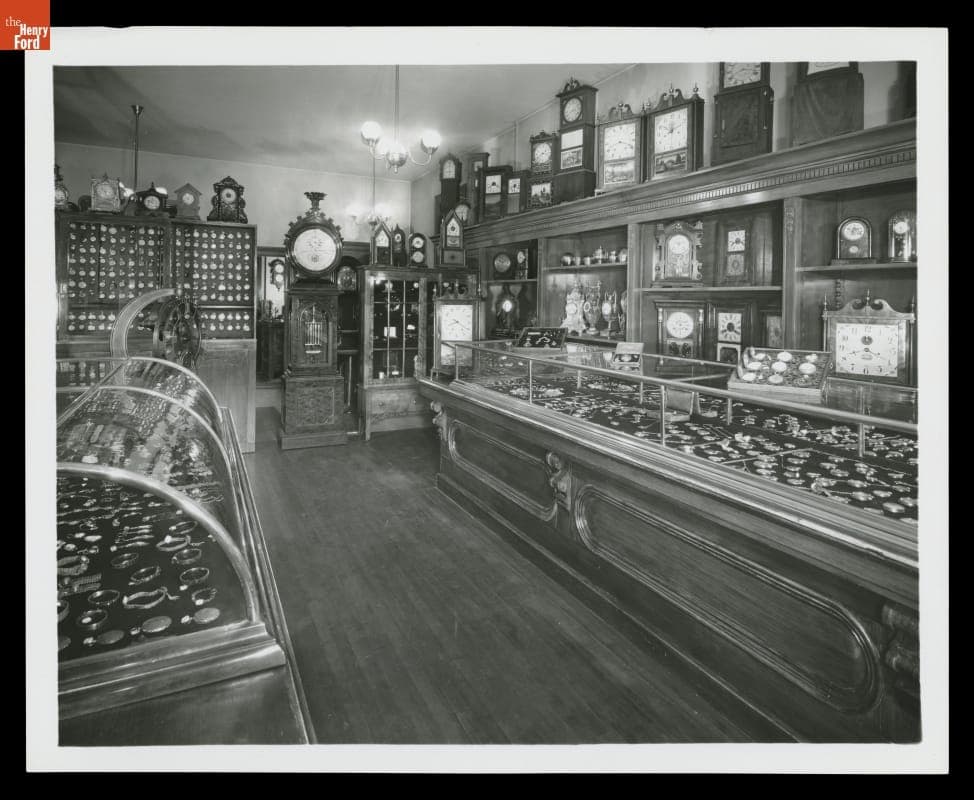Interior of Grimm Jewelry Store in Greenfield Village, December 1958