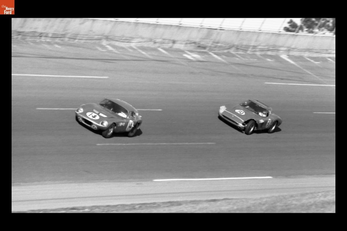 Shelby Cobra Daytona Coupe and Ferrari 250 GTO at Daytona International Speedway, February 1964