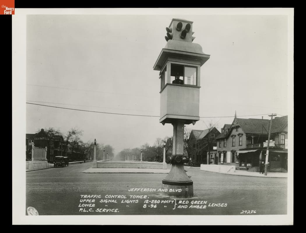 Policeman Standing in Traffic Control Tower at an Intersection in Detroit, Michigan, circa 1922