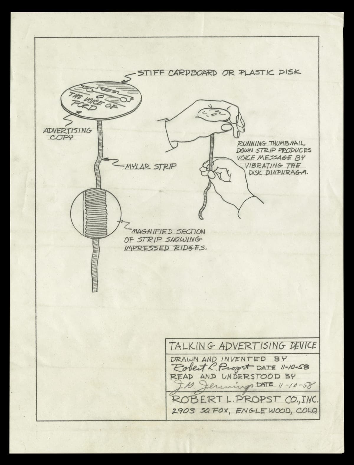 Drawing, "Talking Advertising Device," November 10, 1958