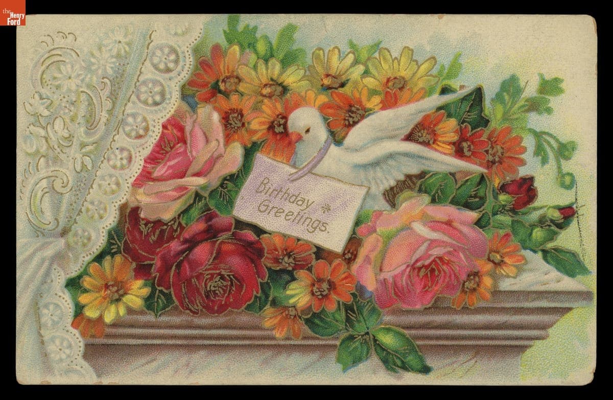 "Birthday Greetings," Bird in Flower Arrangement, circa 1910