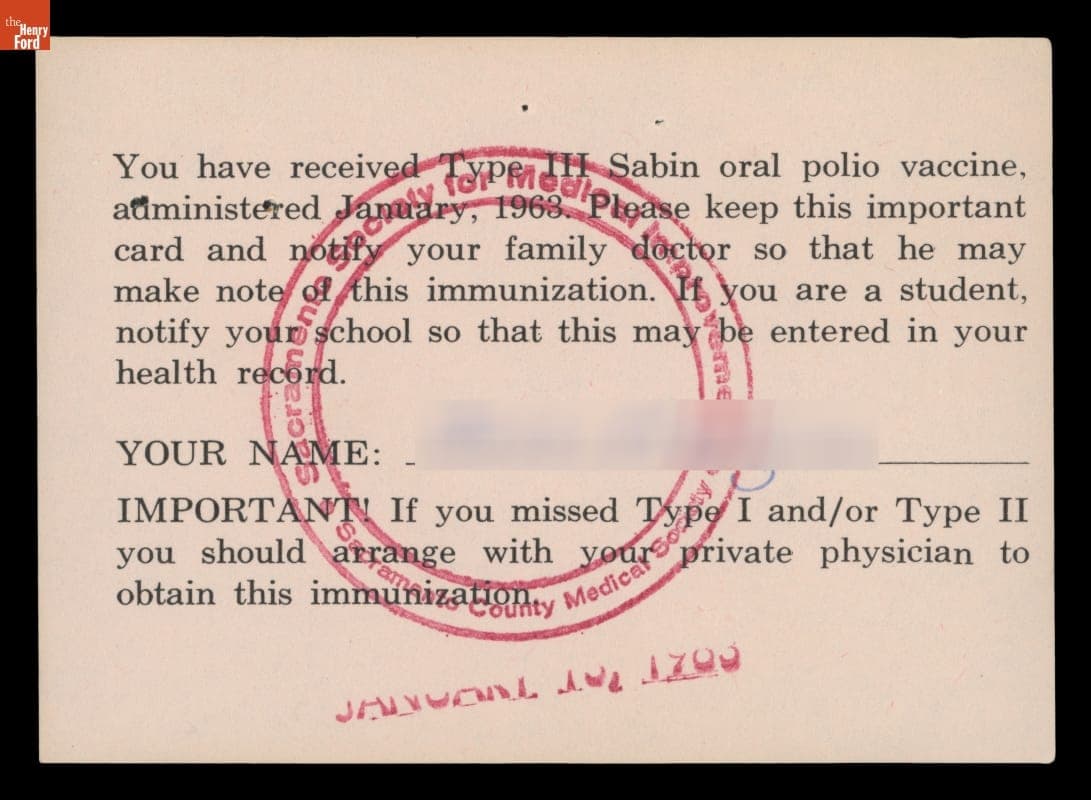 Certificate of Administration of Type III Sabin Oral Polio Vaccine, January 1963