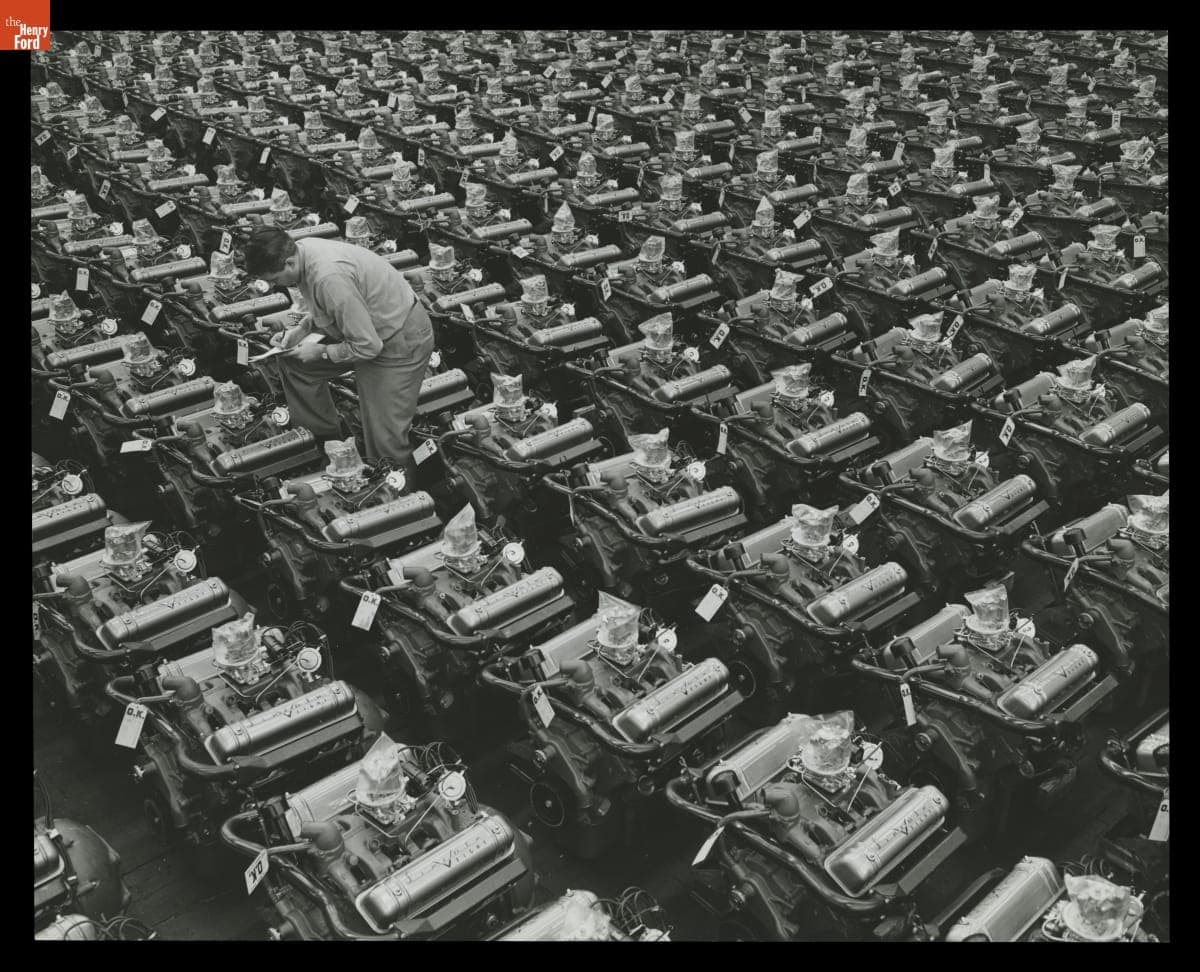 Inspecting Lincoln V-8 Engines at Ford Motor Company Research & Engineering Center, January 1953
