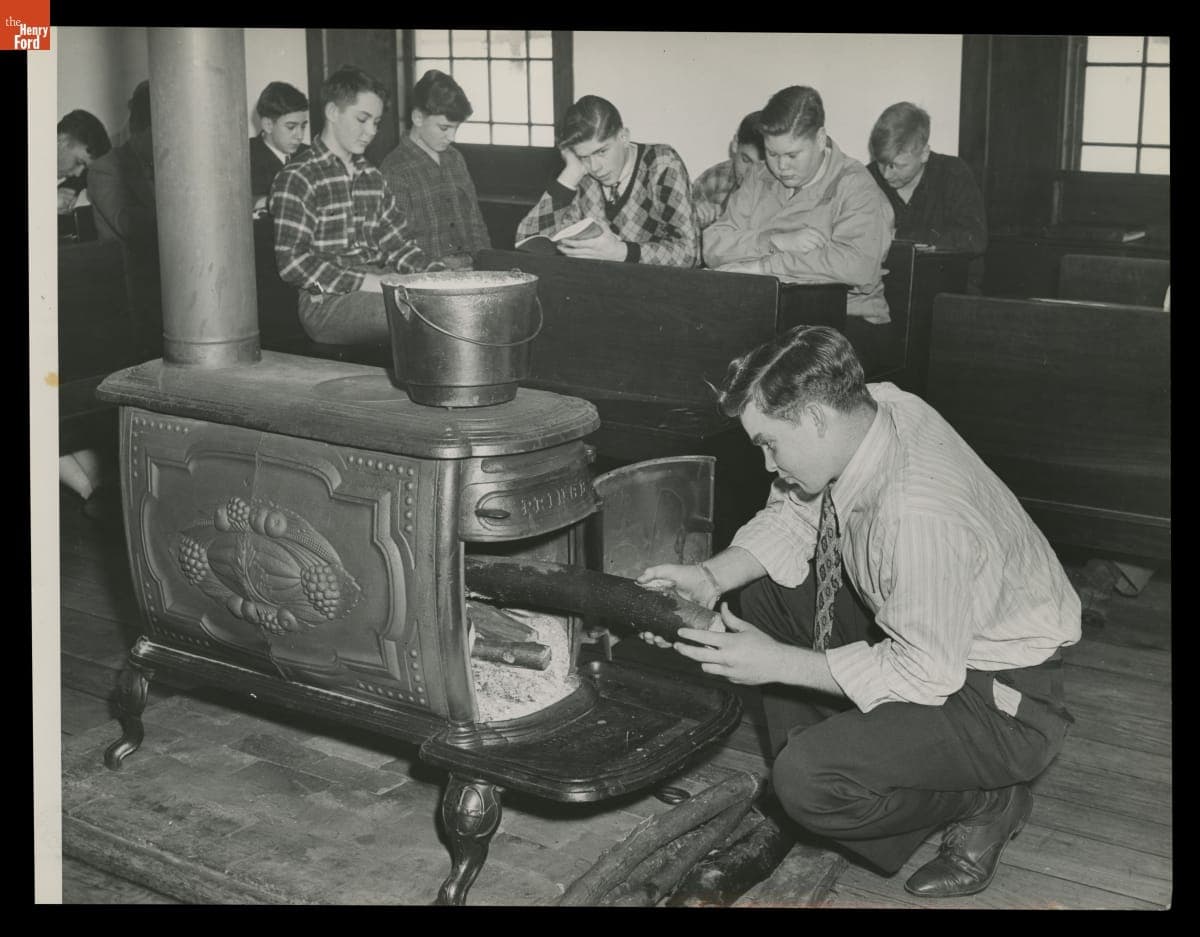 Student Operating Heating Stove at Ford High School, Macon Township, Michigan, January 1946