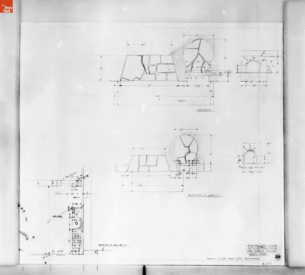 Drawing, "Liv. Rm Fire Place and Kitchen Fire Place Mrs. Wells House Union Conn" (now Daggett Farmhouse), April 5, 1977