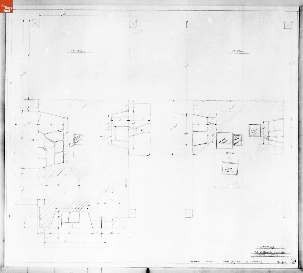 Drawing, "Chimney, M. Wells House Union Conn." (now Daggett Farmhouse), June 26, 1977