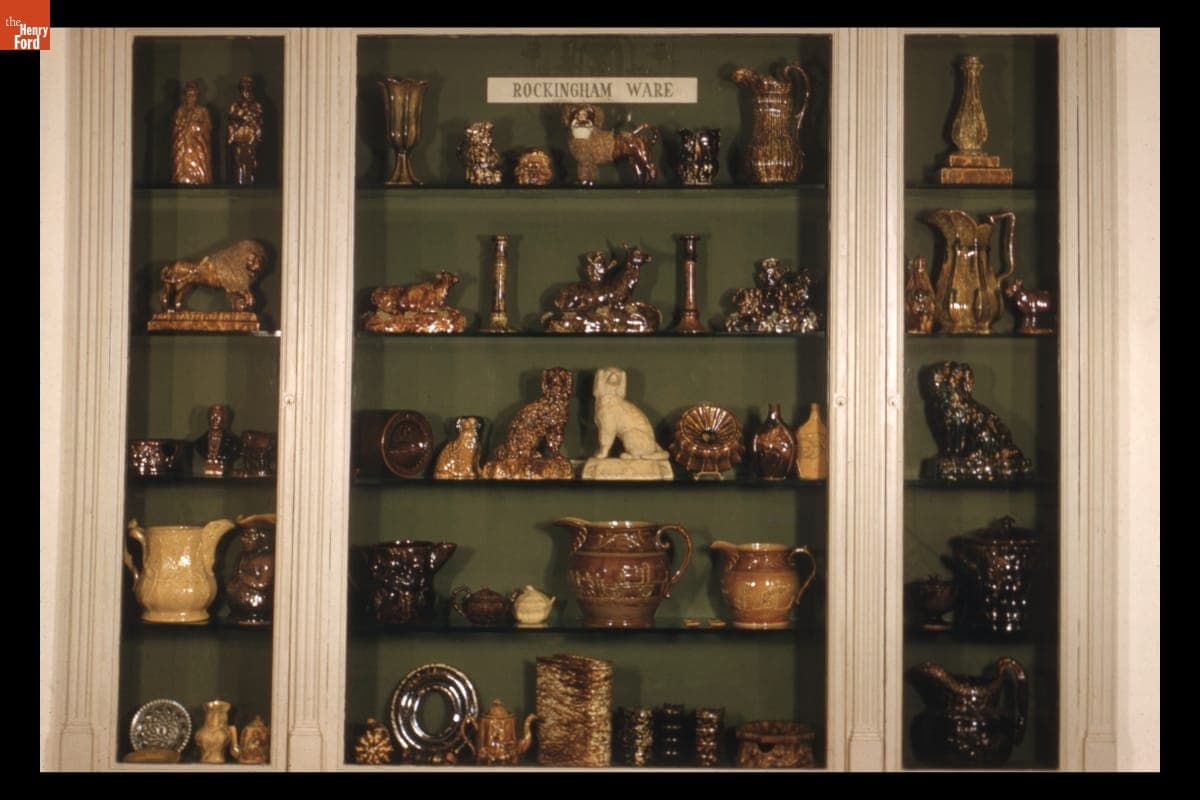 Rockingham Ware Case in Decorative Arts Gallery in Henry Ford Museum, circa 1960