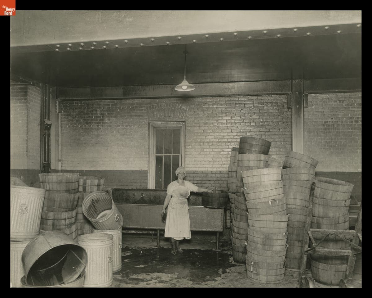 Woman Washing Buckets at the New England Pie Company, Detroit, Michigan, circa 1923