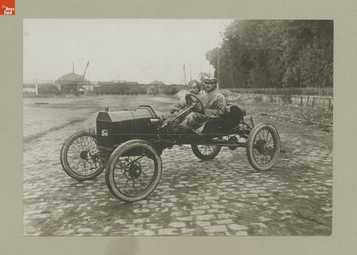 Henri Depasse and Mechanic with Ford Race Car in France, circa 1911