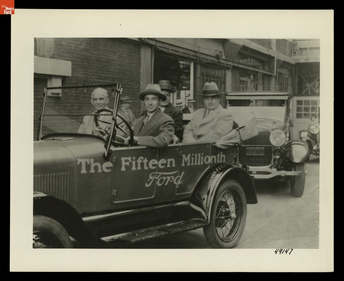 Henry Ford, Edsel Ford, Charles Sorensen, and P.E. Martin in the Fifteen-Millionth Ford Model T on the Last Day of Model T Production, May 26, 1927