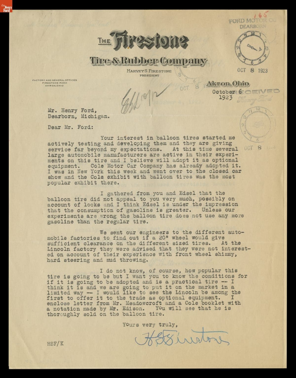 Correspondence between Harvey Firestone, Henry Ford, and Thomas Edison regarding Cole Balloon Tires, October 1923
