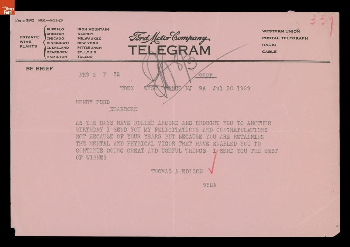 Telegram from Thomas Edison to Henry Ford with Birthday Greeting, July 30, 1929