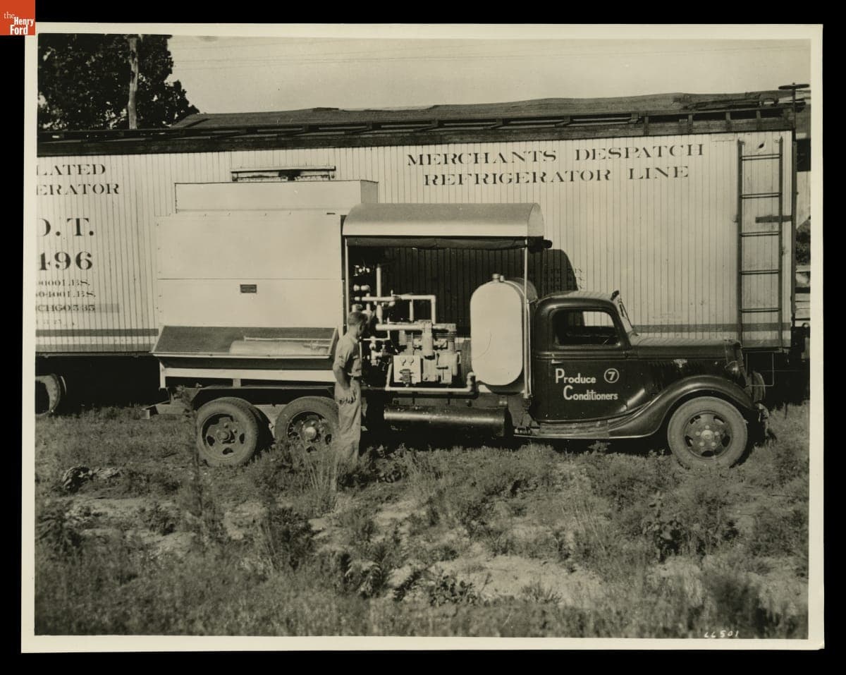 Ford V-8 Truck with Air Conditioning Unit near Refrigerated Railcar, 1936
