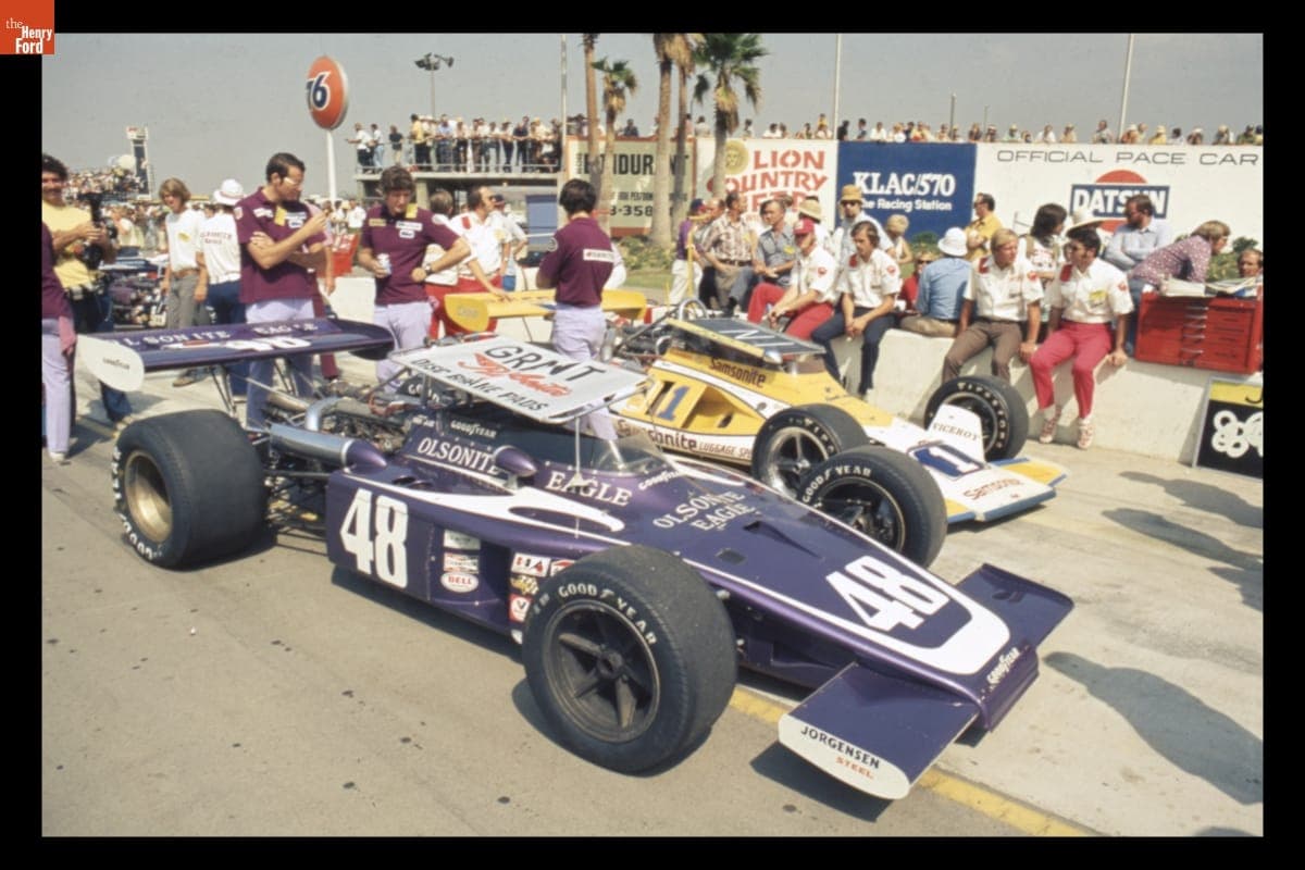 Eagle/Offy and Parnelli/Offy Race Cars at the California 500, Ontario, California, September 1972
