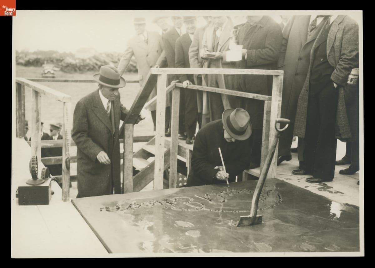Henry Ford and Others Watching Thomas Edison Sign the Edison Institute Cornerstone, September 27, 1928