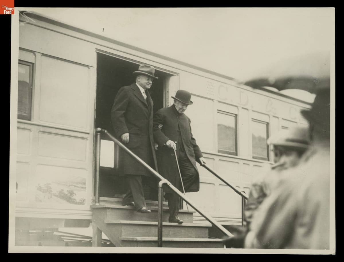 President Herbert Hoover and Thomas Edison Exit "The President" Train at Smiths Creek Station, October 21, 1929