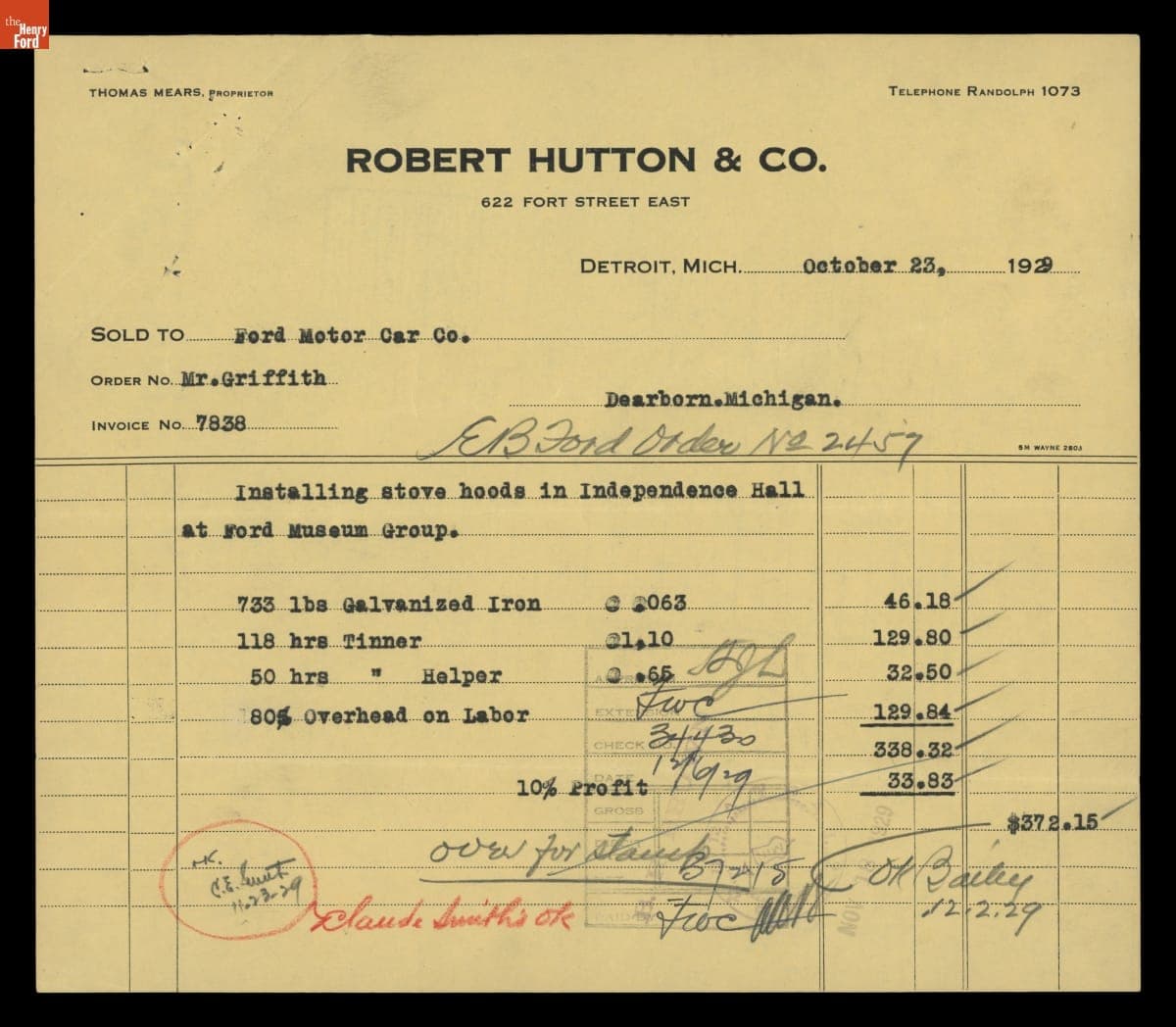 Invoice for Stove Hoods Installed in Henry Ford Museum before Light's Golden Jubilee, October 1929