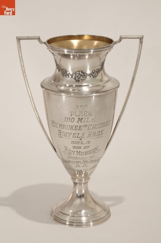 Third Place Milwaukee to Chicago Bicycle Race Trophy Won by Roy Mobeck, 1919