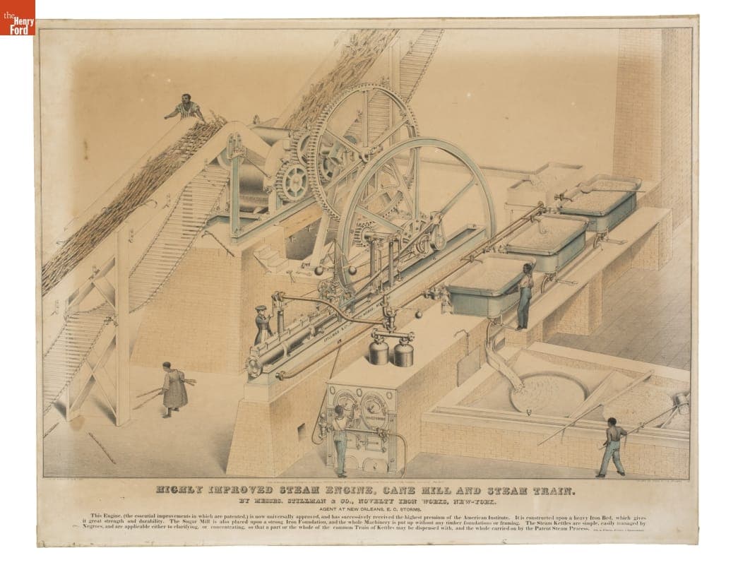 Advertising Lithograph, "Highly Improved Steam Engine, Cane Mill and Steam Train," 1843