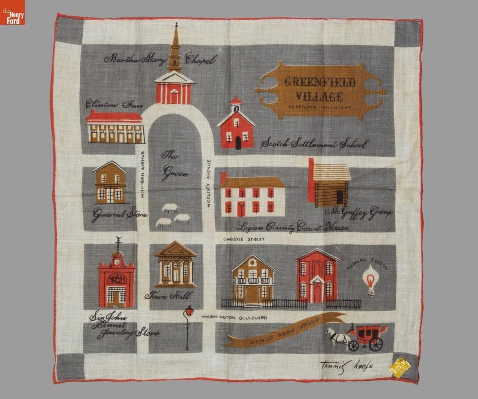 Tammis Keefe Handkerchief Featuring Greenfield Village Buildings, 1952-1956