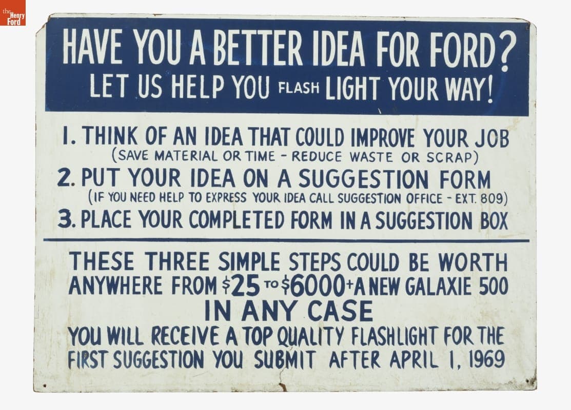 Ford Motor Company Employee Suggestion Sign, 1969