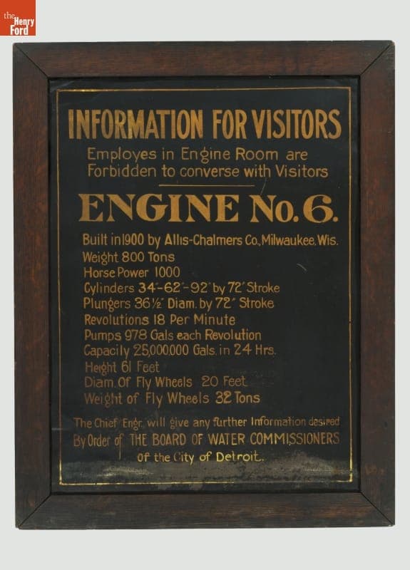Detroit Water Works Engine Room Sign, 1900-1925