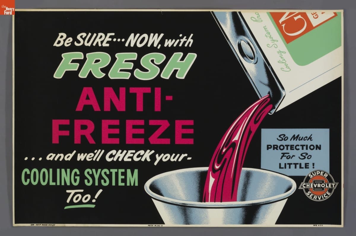 Super Chevrolet Service Poster, "Be Sure Now with Fresh Anti-Freeze and We'll Check Your Cooling System Too!," 1958