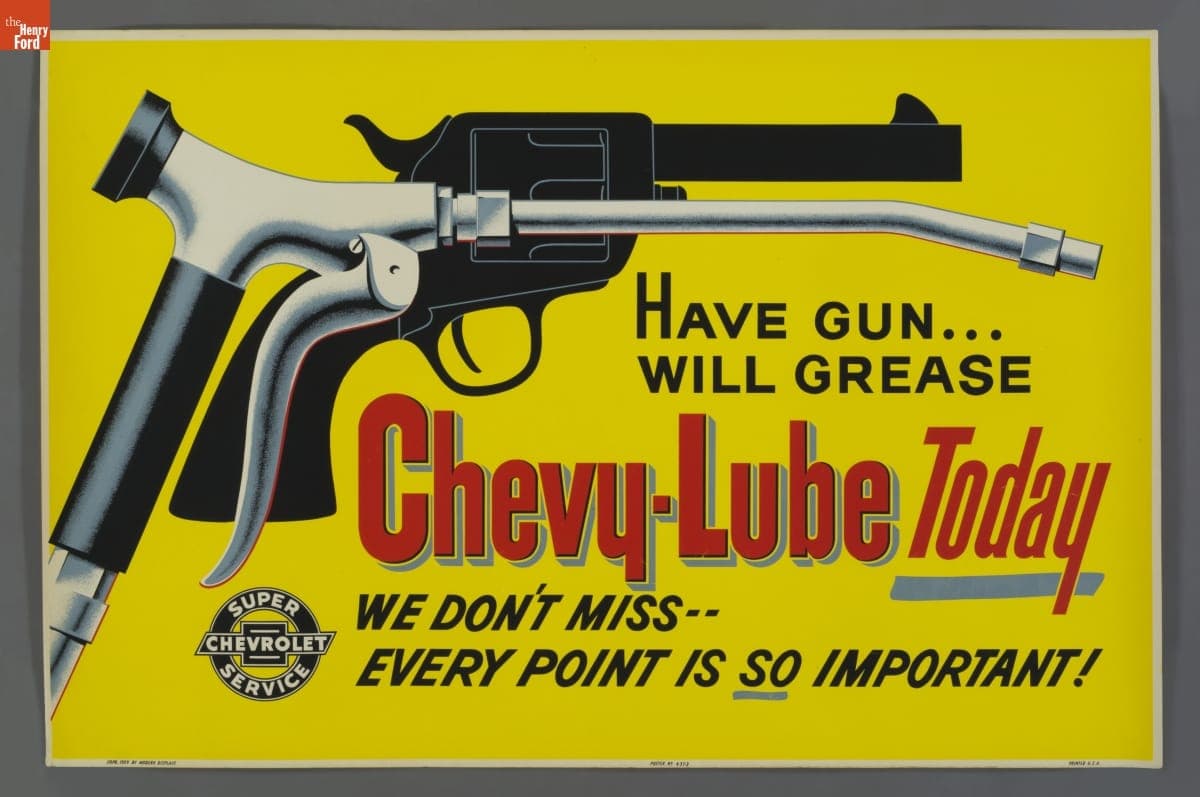 Super Chevrolet Service Poster, "Have Gun... Will Grease, Chevy-Lube Today," 1959