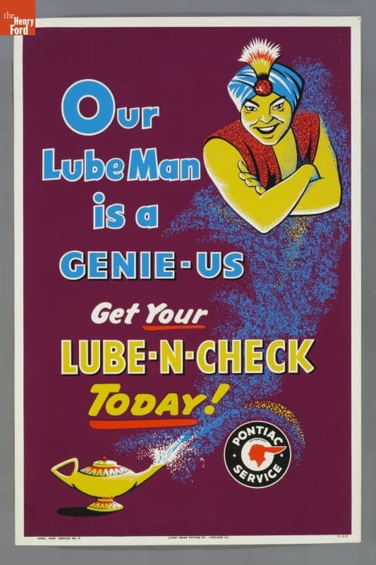 Pontiac Service Poster, "Our LubeMan is a Genie-Us Get Your Lube-N-Check Today!" April 1959