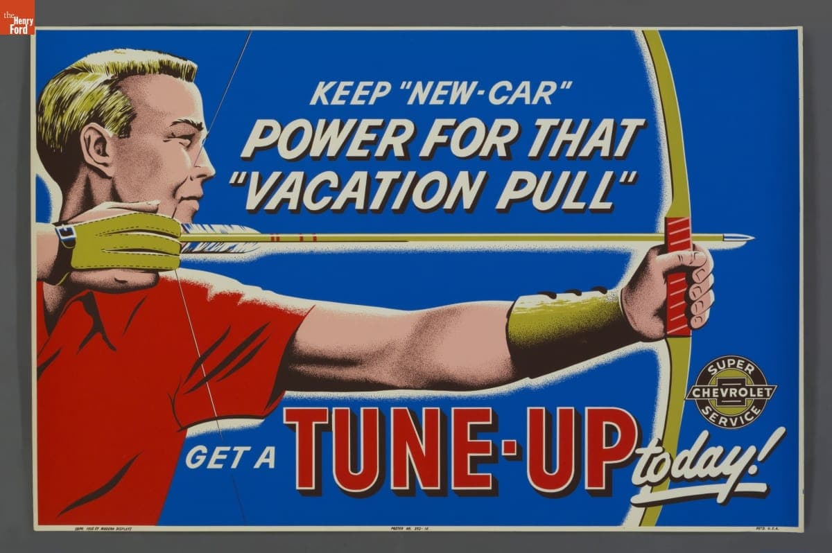 Super Chevrolet Service Poster, "Keep 'New Car' Power for that 'Vacation Pull,'" 1958