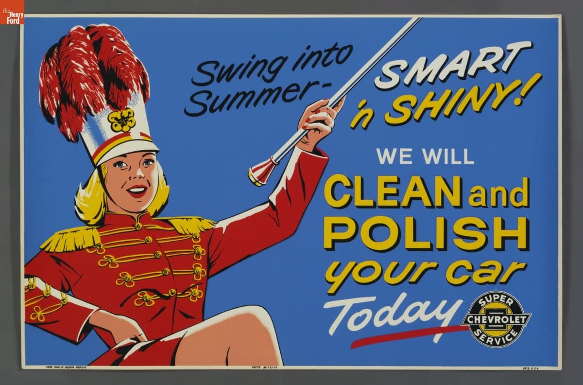 Super Chevrolet Service Poster, "Swing into Summer- Smart 'n Shiny, We Will Clean and Polish Your Car Today," 1958