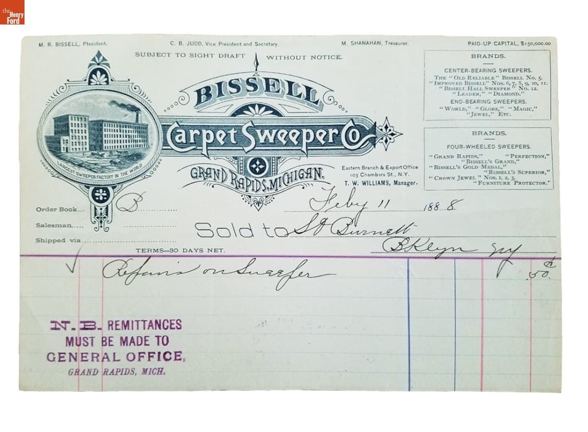 Bissell Carpet Sweeper Co. Invoice for Repair on a Sweeper, February 11, 1888