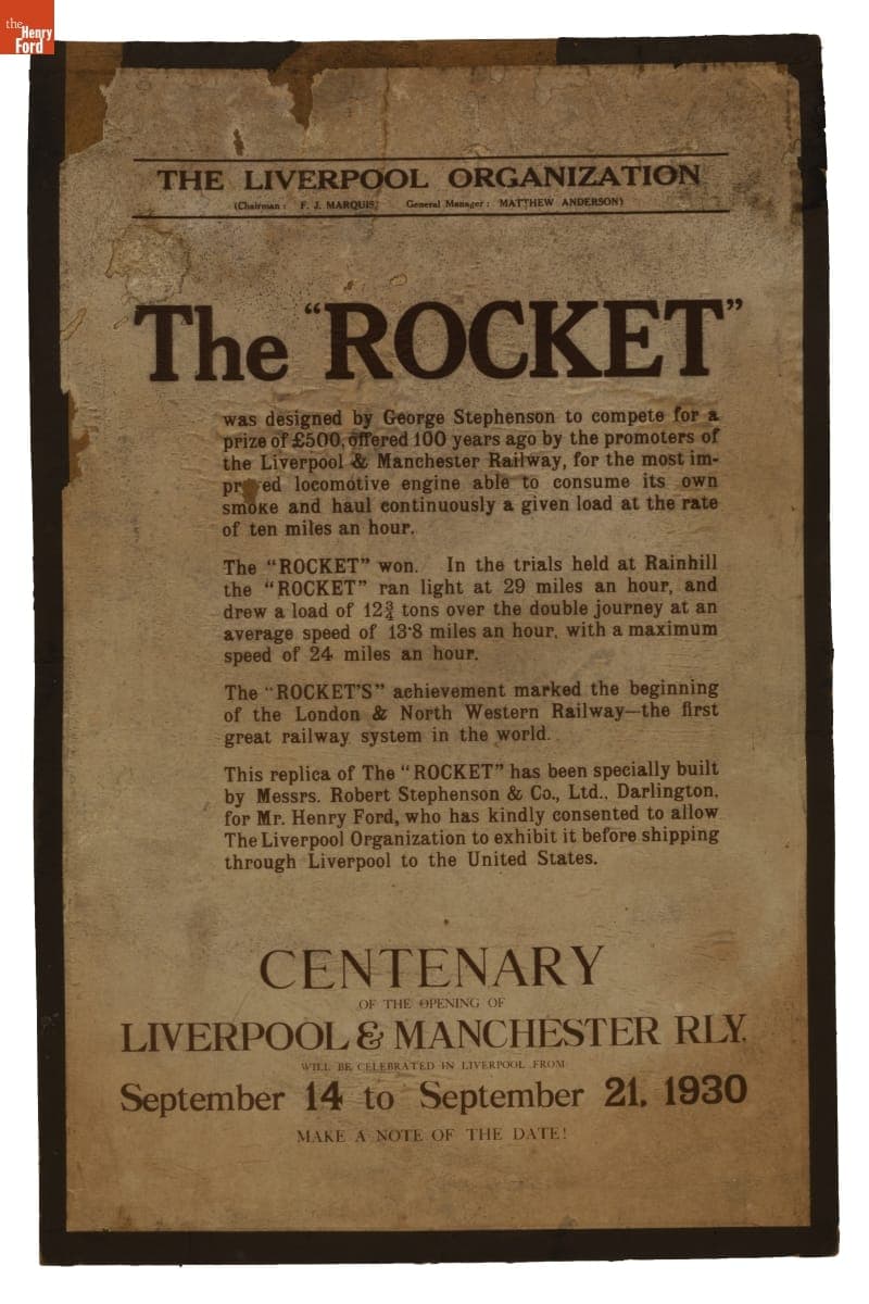 Poster Advertising "The Rocket Locomotive at the Centenary of the Opening of the Liverpool & Manchester Railway," September 14-21, 1930