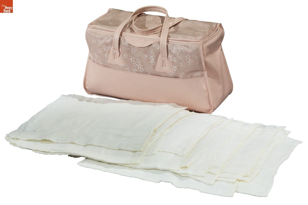 Diaper Bag with Cloth Diapers, circa 1966