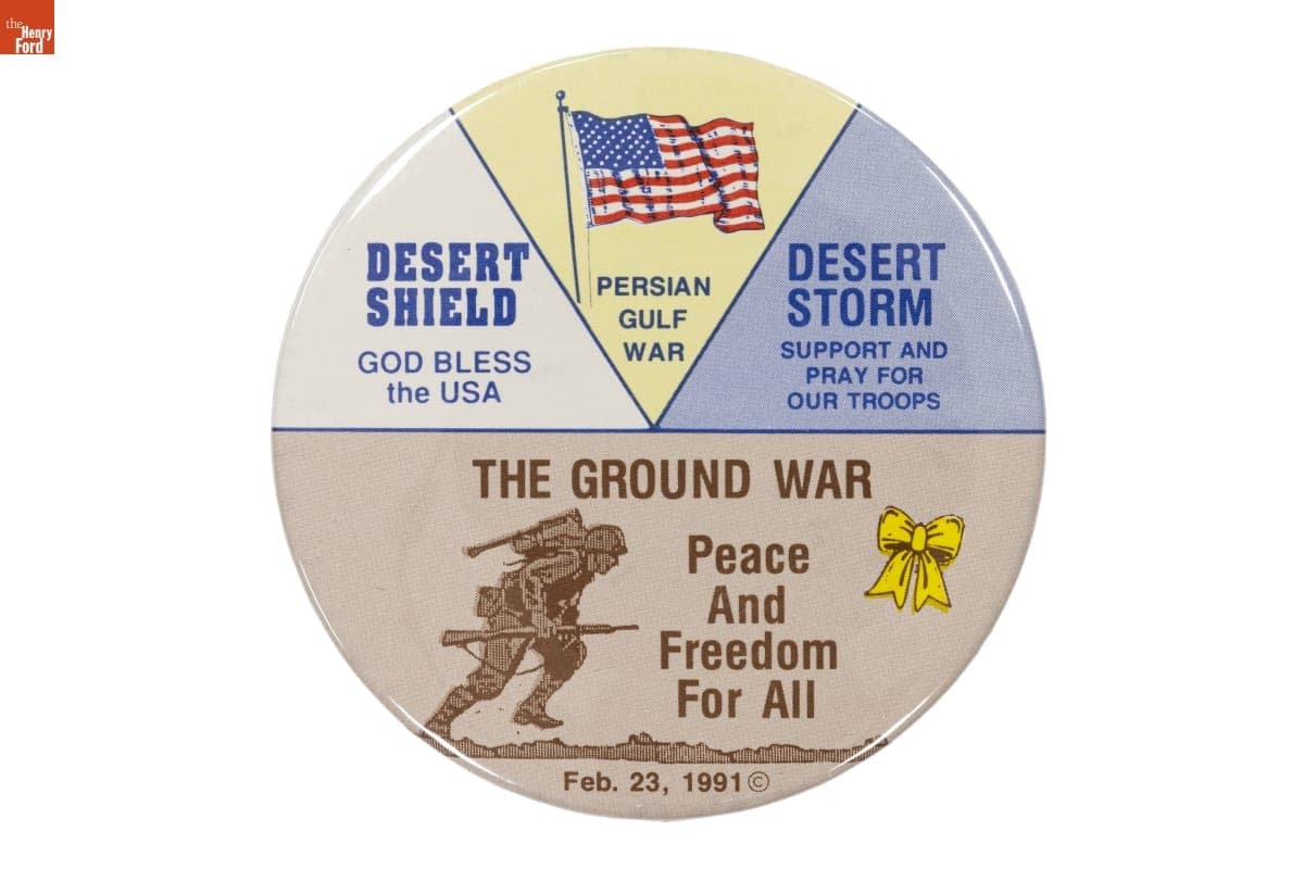 "Desert Shield, Persian Gulf War, Desert Storm, The Ground War" Button, 1991