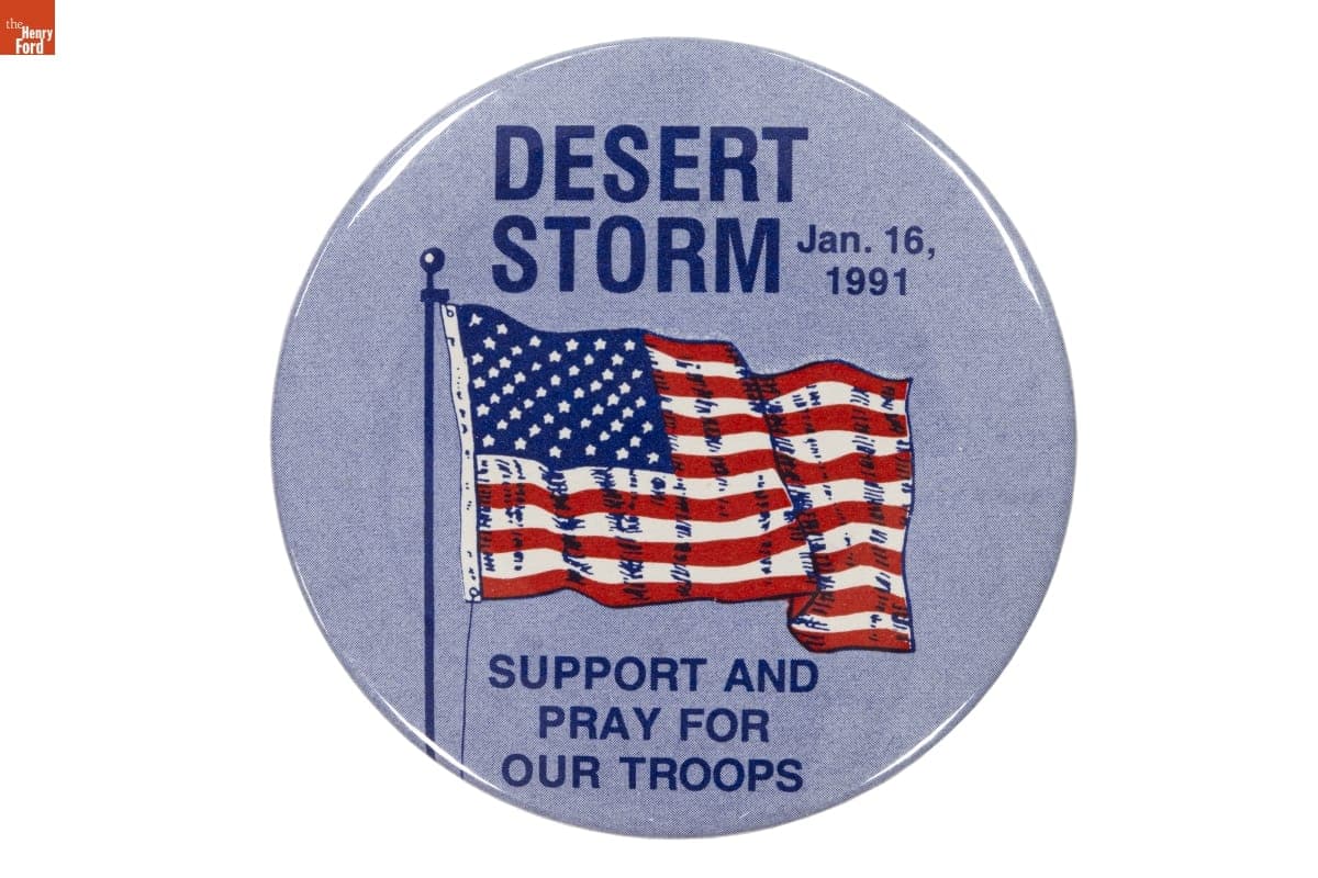 "Desert Storm Jan. 16, 1991 Support and Pray for Our Troops" Button, 1991