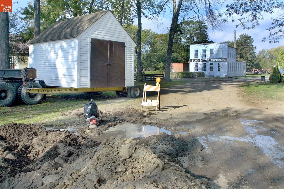 Hearse Shed Being Relocated during the Greenfield Village Restoration Project, October-November 2002
