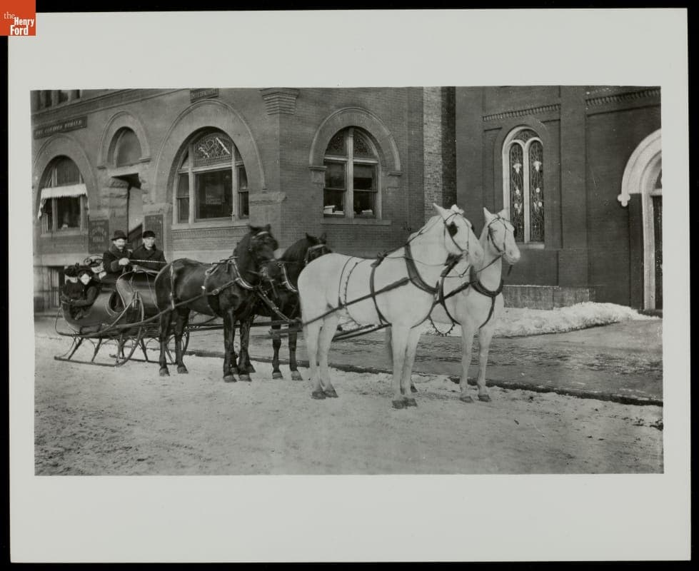 Horses Hitched to Sleigh on City Street, circa 1900