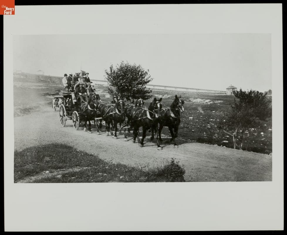 Six Horses Pulling a Sightseeing Carriage, circa 1900