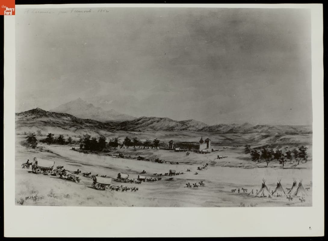 Sketch of Wagon Train Approaching Fort Laramie, Wyoming, circa 1842