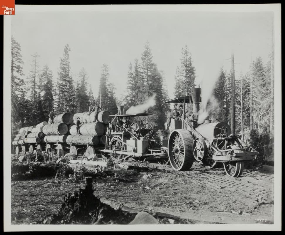 Two Steam Traction Engines Pulling Load of Logs, circa 1900