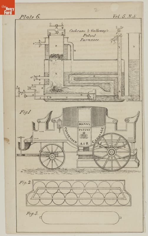Copperplate Engraving, Mann's Patent Condensed Air Carriage (Propelled by Compressed Air), circa 1835