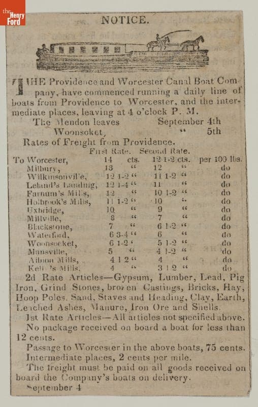 Providence and Worcester Canal Boat Company Schedule from Newspaper, Rhode Island, 1829