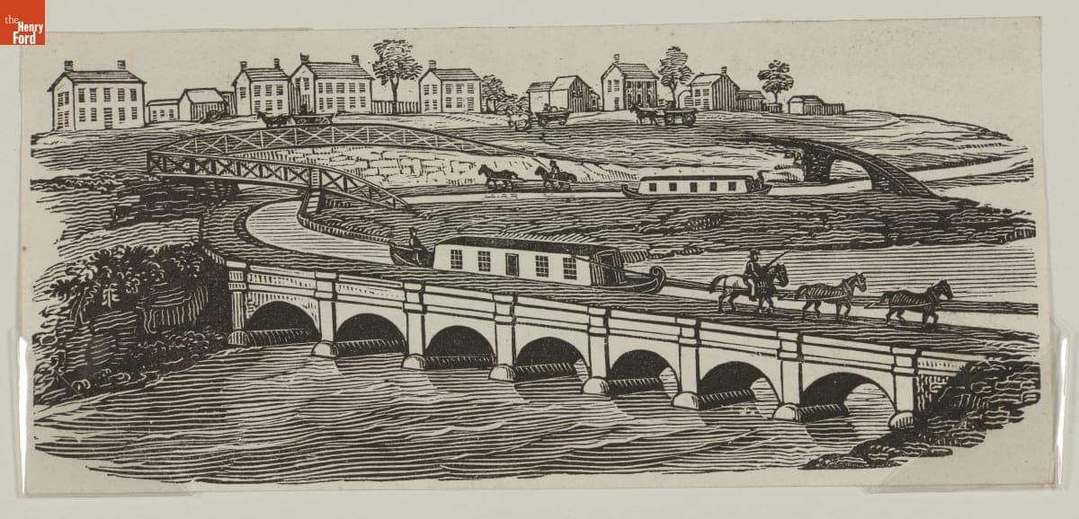Wood Engraving, Canal Boat Passing over a River on a Stone Viaduct, circa 1830