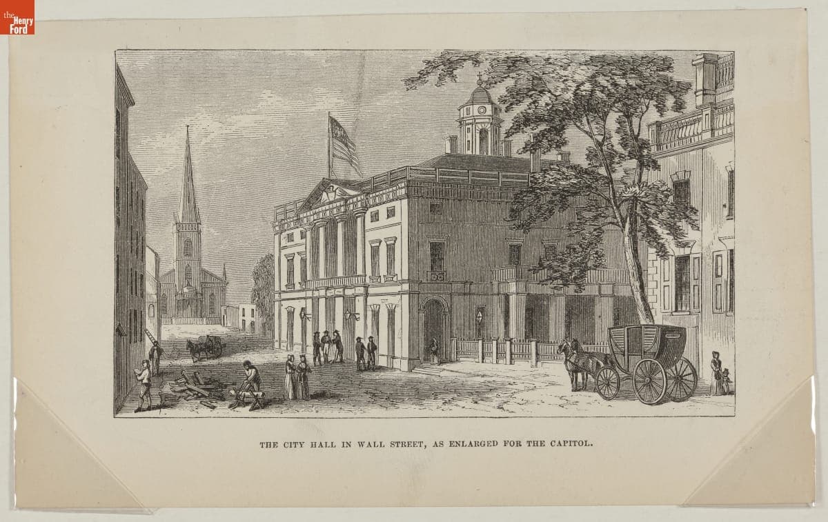 "City Hall in Wall Street, as Enlarged for the Capitol" (Depicted as 1785-1790), Wood Engraving, circa 1855