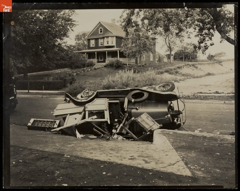 Overturned, Wrecked Truck on Residential Street, Southampton, New York, 1932