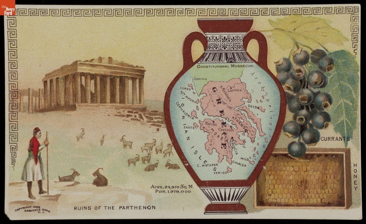 Trade Card for Ariosa Coffee, Arbuckle Bros., "Ruins of Parthenon," 1889