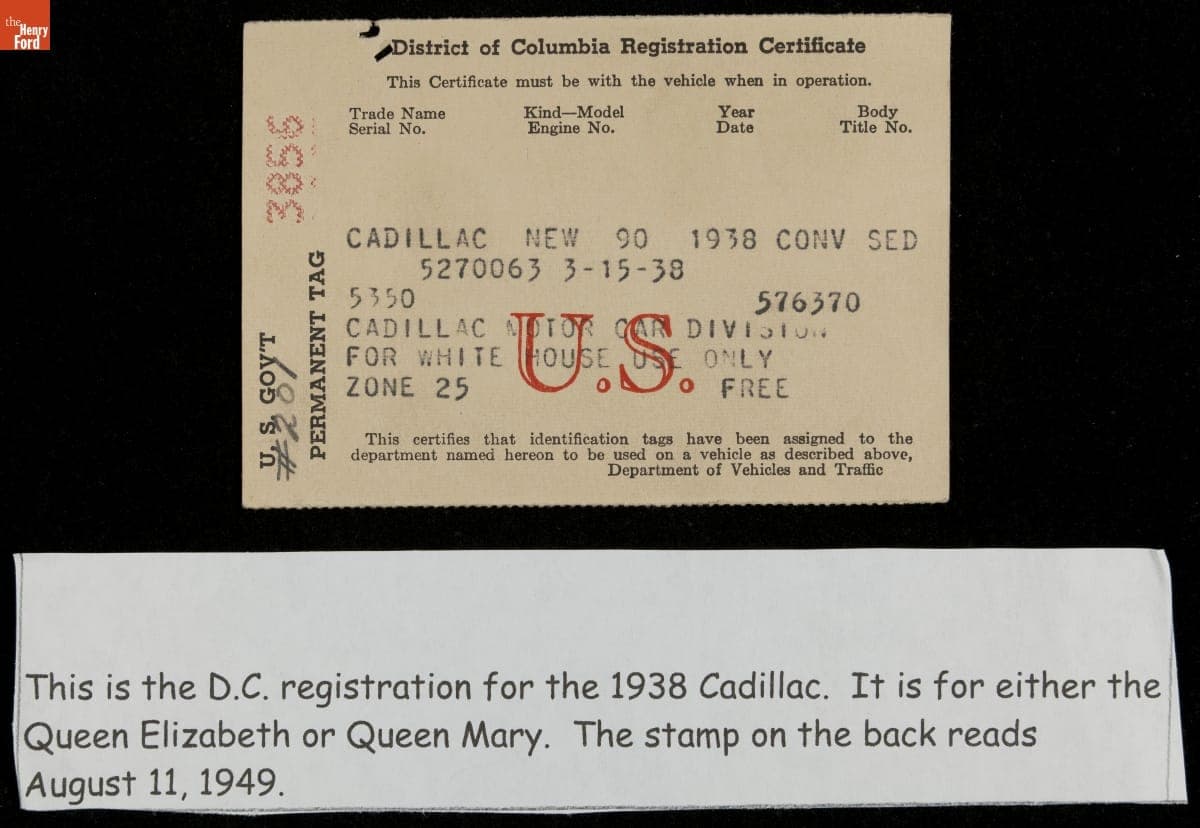 District of Columbia Vehicle Registration Certificate for Presidential Vehicle, 1949